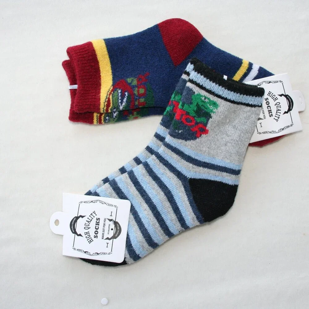 DINO SOCKS 2 PAIRS CUSHY KID BOY 3-4 YRS WARM WINTER LAYERS appx sz 9 - 11 shoe